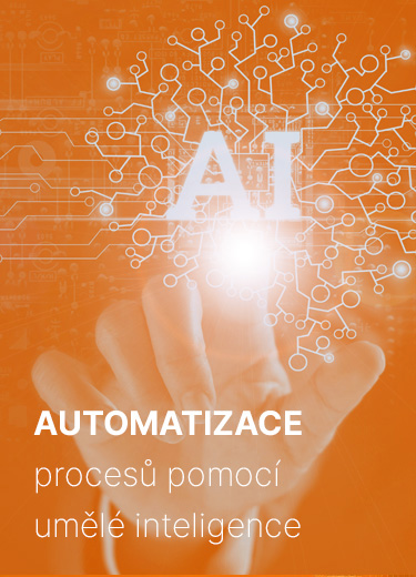 Ruka se dotýká nápisu AI propojeného obvody a text „Automatizace procesů pomocí umělé inteligence“
